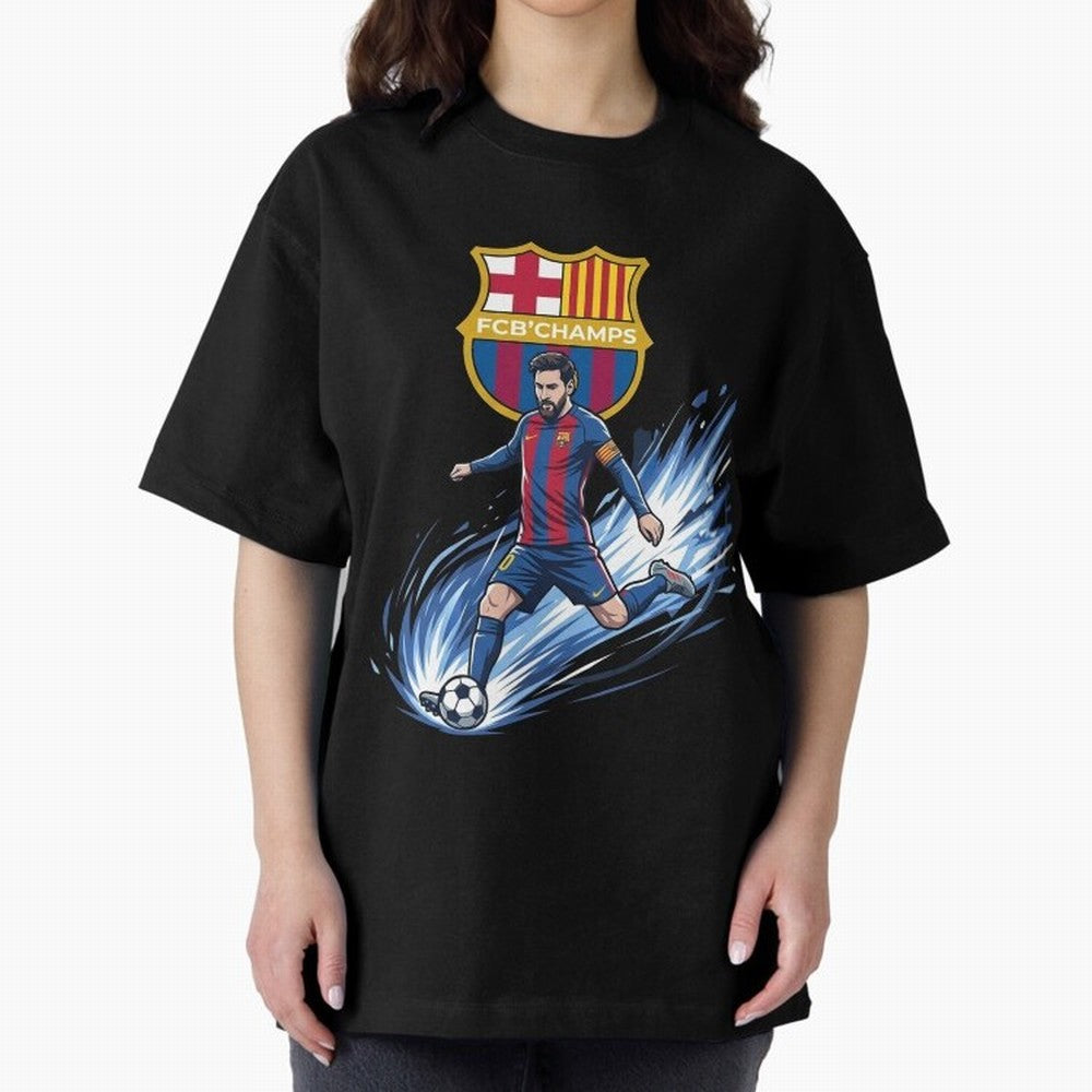 FC Barcelona Champs - The Goat Edition Oversized T-Shirt Bring Supporter Culture to Global Football Passion for FIFA World Cup 2026, Celebrating Messi, Neymar and Mbappe, Portugal, Spain and Germany, Football Passion, Legendary Performances,