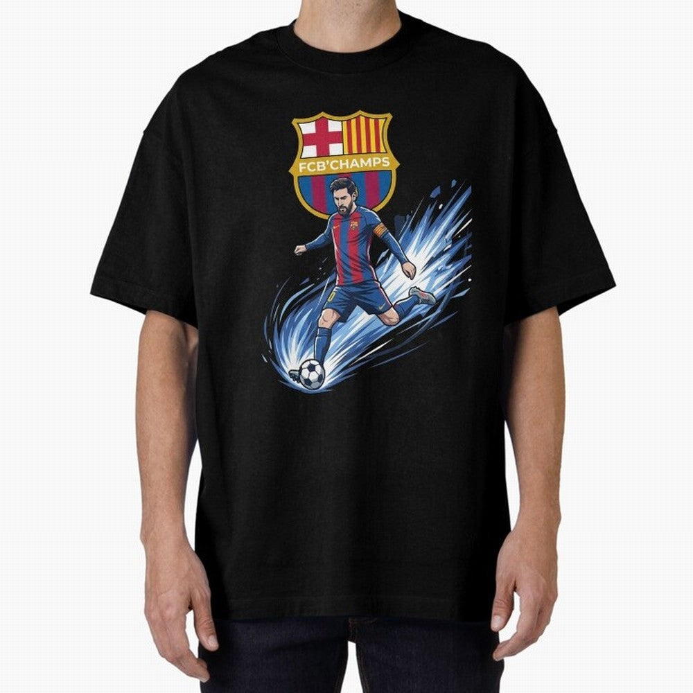FC Barcelona Champs - The Goat Edition Oversized T-Shirt Bring Supporter Culture to Global Football Passion for FIFA World Cup 2026, Celebrating Messi, Neymar and Mbappe, Portugal, Spain and Germany, Football Passion, Legendary Performances,