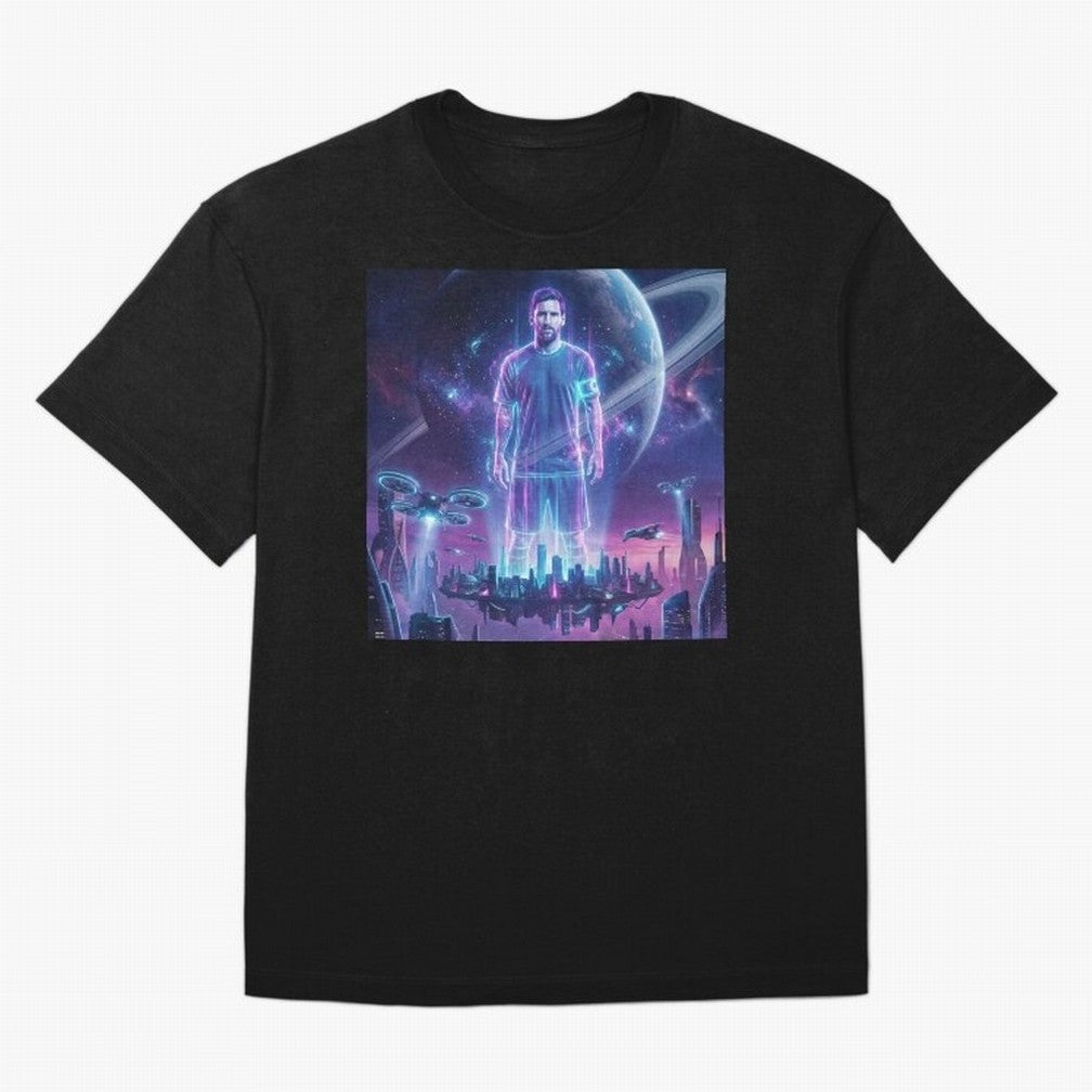 Lionel Messi (GOAT) Hologram in Futuristic Cyberpunk City (Version 3) Classic T-Shirt Make Every Kick Count in FIFA World Cup 2026 Spirit, Connected to France, CR7, Soccer Culture, Superstar Moments, National Team Dreams and Competitive Fire;