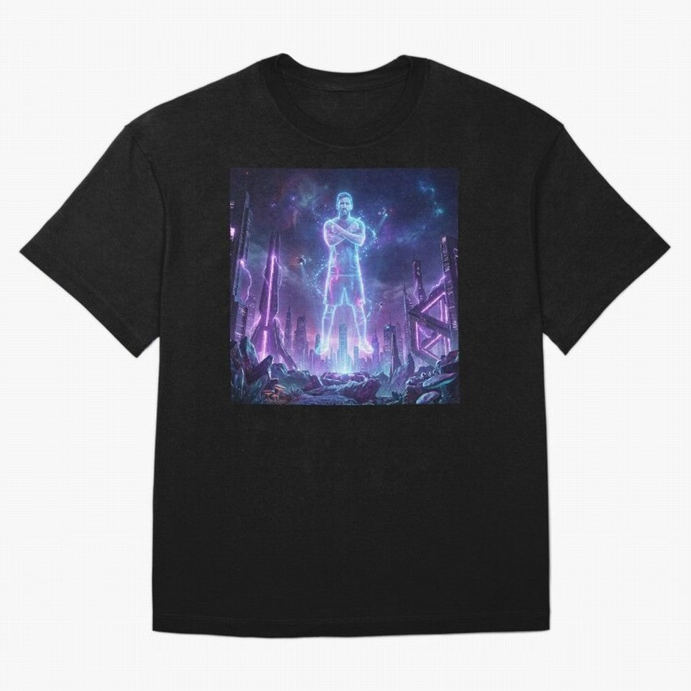Lionel Messi (GOAT) Hologram in Futuristic Cyberpunk City Classic T-Shirt Fuel Your Fan Pride for FIFA World Cup 2026 Spirit, Centered on England, CR7, Classic Soccer Heritage, Championship Pressure, Fan Loyalty and International Pride; Perfect for