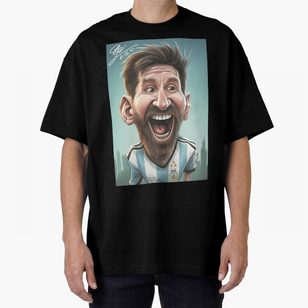 Lionel Messi Caricature Art with Autograph Oversized T-Shirt Bring a Champion Mindset to FIFA World Cup 2026 Group Stage Spirit, Celebrating Spain and Netherlands, Messi and Cristiano Ronaldo, Champion Mindset, Group Stage Buzz, Knockout Tension