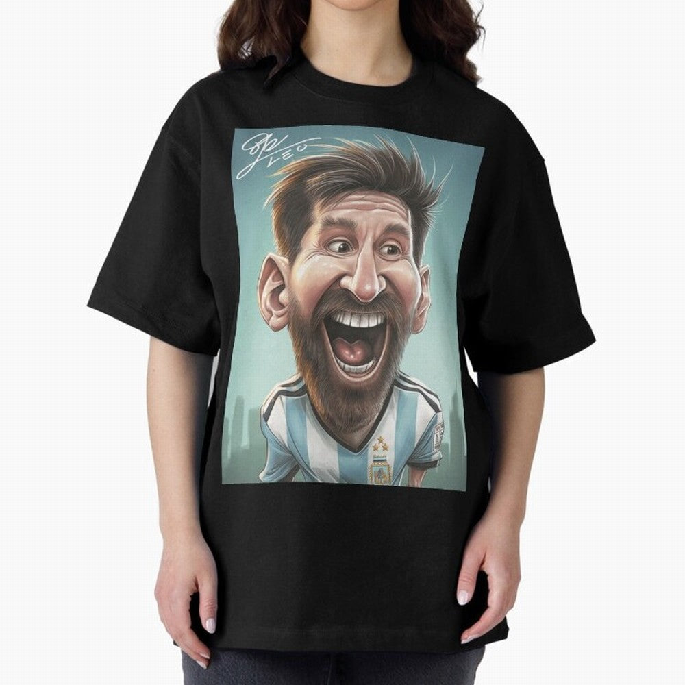 Lionel Messi Caricature Art with Autograph Oversized T-Shirt Bring a Champion Mindset to FIFA World Cup 2026 Group Stage Spirit, Celebrating Spain and Netherlands, Messi and Cristiano Ronaldo, Champion Mindset, Group Stage Buzz, Knockout Tension