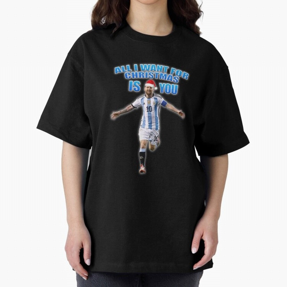 Lionel Messi Christmas Santa Claus Football Gift Oversized T-Shirt Carry National Pride through the FIFA World Cup 2026 Group Stage Journey through Messi, Neymar and Mbappe Highlights, Argentina, France and Brazil Pride, Goal Celebration Energy,