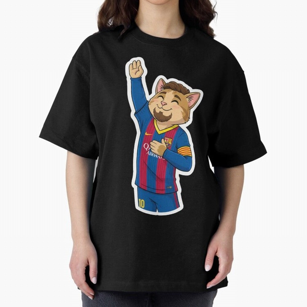 Fcb - Fc Barcelona | Cute Cat Messi with Jersey Barcelona Oversized T-Shirt Show Passion for the Stars of the FIFA World Cup 2026 Group Stage Journey through Messi and Cristiano Ronaldo Highlights, Argentina, France and Brazil Pride, Worldwide Fan