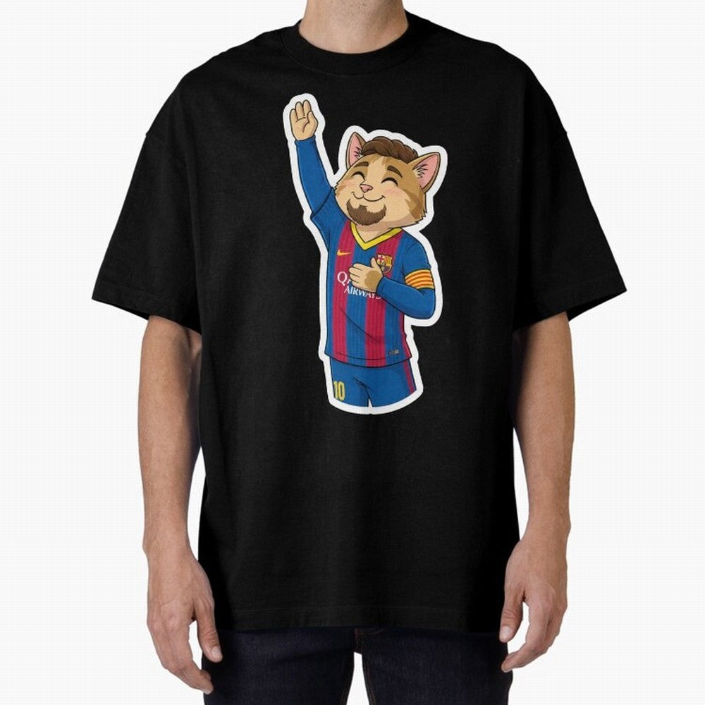Fcb - Fc Barcelona | Cute Cat Messi with Jersey Barcelona Oversized T-Shirt Show Passion for the Stars of the FIFA World Cup 2026 Group Stage Journey through Messi and Cristiano Ronaldo Highlights, Argentina, France and Brazil Pride, Worldwide Fan