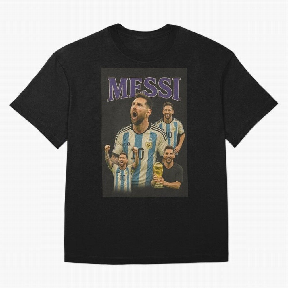 Lionel Messi Retro T-Shirt | 90s Football GOAT Collage Tee Boxy T-Shirt Fuel Global Football Passion for FIFA World Cup 2026 Group Stage, with Messi, England, France and Netherlands, Vintage Soccer Flavor, Modern Football Stars, National Flags and
