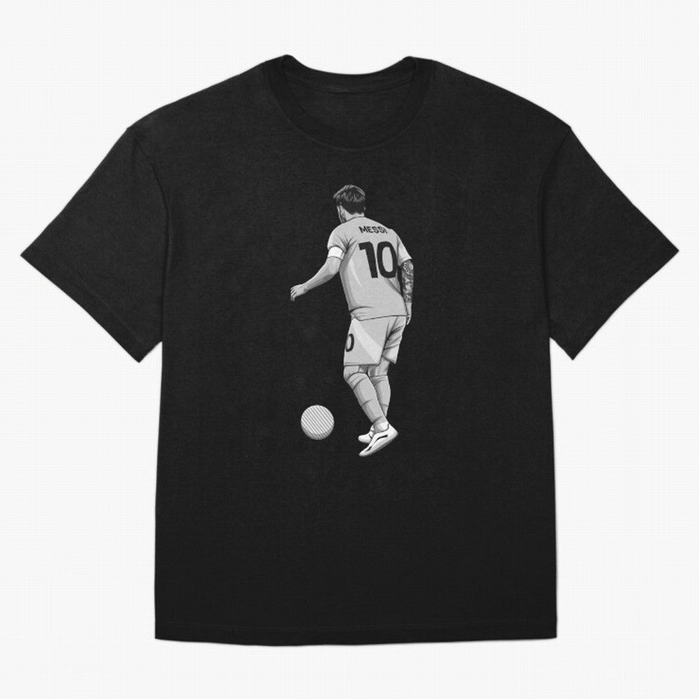 Lionel Messi Black and White Version Classic T-Shirt Honor Football Greatness during Match Day Hype around FIFA World Cup 2026 Group Stage, Mbappe and Neymar, France and Portugal, Global Supporter Spirit, Legendary Goals, National Colors and