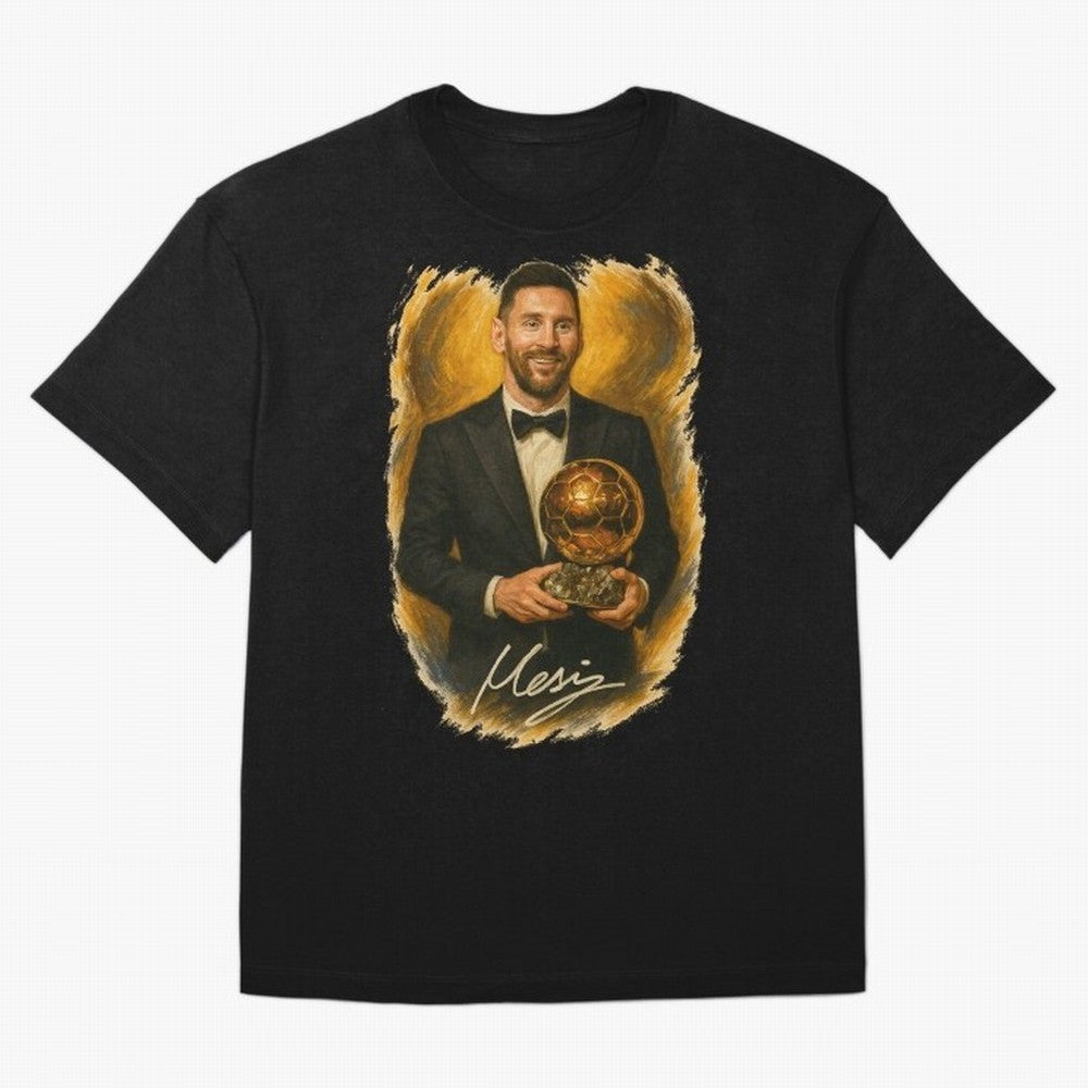 Lionel Messi Ballon d'Or Portrait ¨C Football Legend in Tuxedo Holding Trophy Classic T-Shirt Carry FIFA World Cup 2026 for Fans of Haaland and France and Portugal, Bringing Soccer Culture, Superstar Moments, National Team Dreams and Competitive
