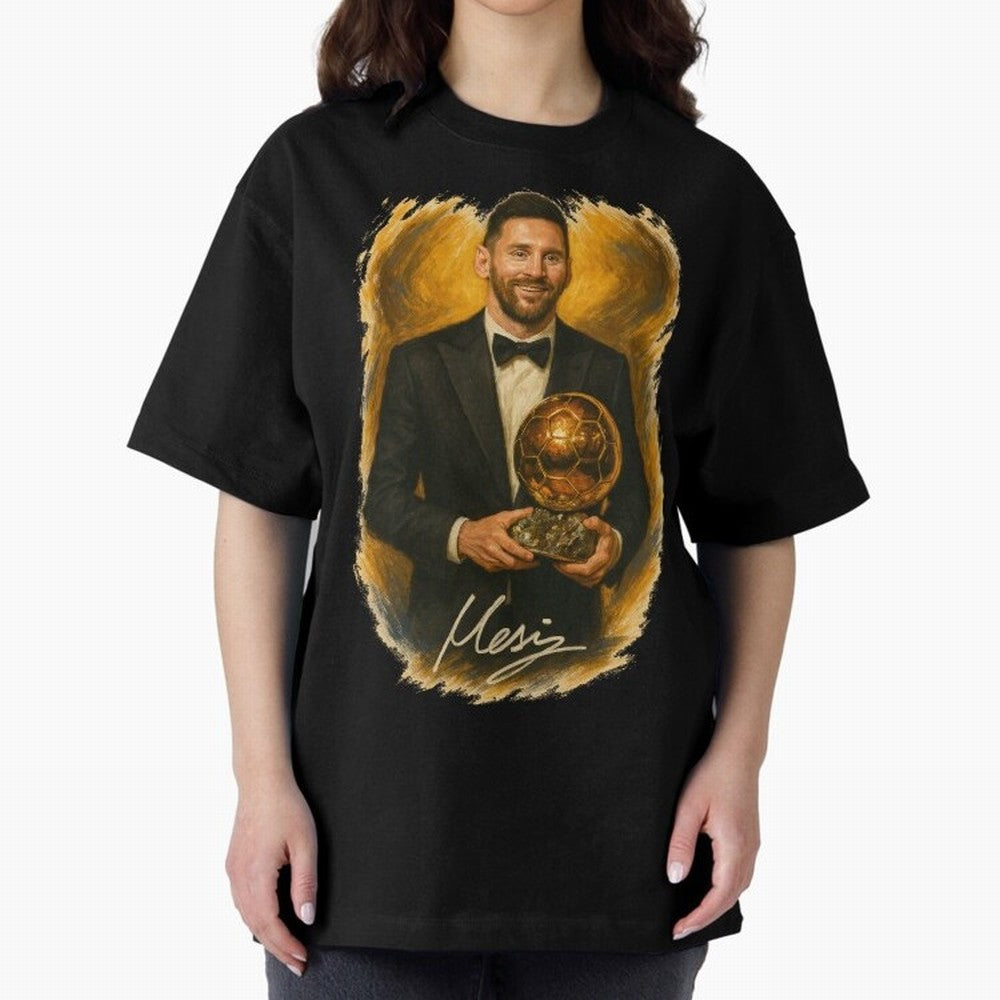 Lionel Messi Ballon d'Or Portrait ¨C Football Legend in Tuxedo Holding Trophy Classic T-Shirt Carry FIFA World Cup 2026 for Fans of Haaland and France and Portugal, Bringing Soccer Culture, Superstar Moments, National Team Dreams and Competitive
