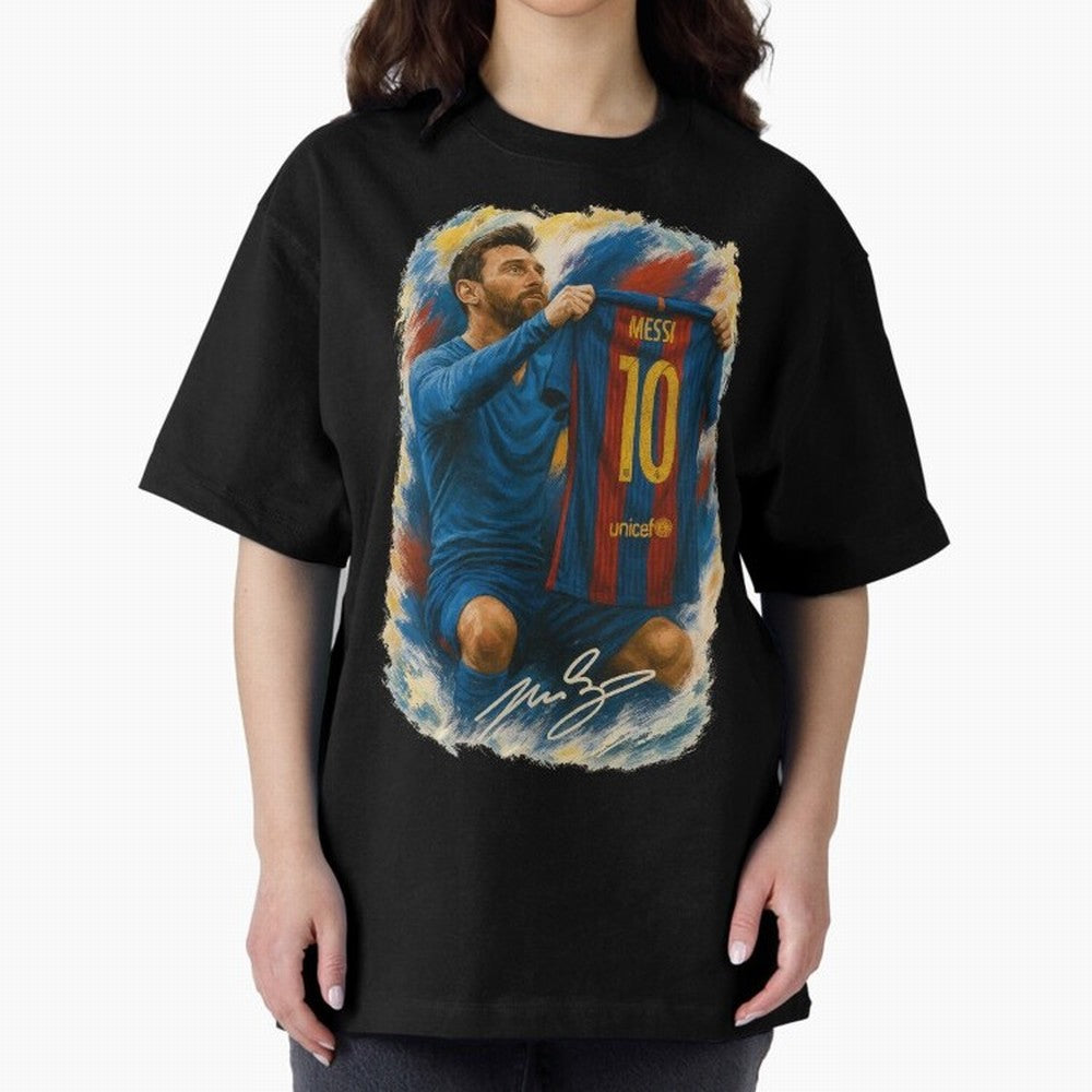 Messi Shirt Celebration Poster ¨C Iconic FC Barcelona Number 10 Artwork Oversized T-Shirt Make Game Day About FIFA World Cup 2026 with Cristiano Ronaldo, Argentina, France and Brazil Energy, Supporter Pride, Iconic Celebrations, Legendary Names and