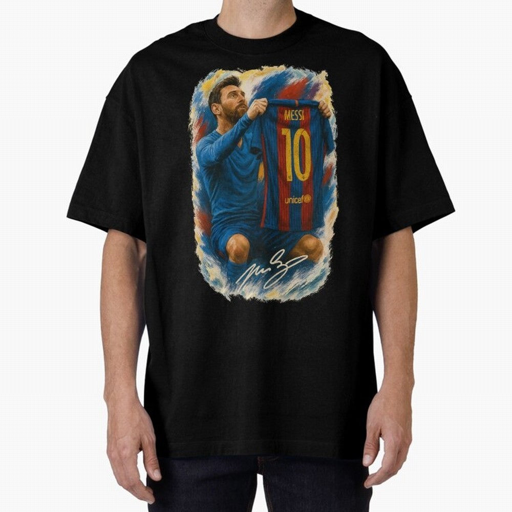 Messi Shirt Celebration Poster ¨C Iconic FC Barcelona Number 10 Artwork Oversized T-Shirt Make Game Day About FIFA World Cup 2026 with Cristiano Ronaldo, Argentina, France and Brazil Energy, Supporter Pride, Iconic Celebrations, Legendary Names and