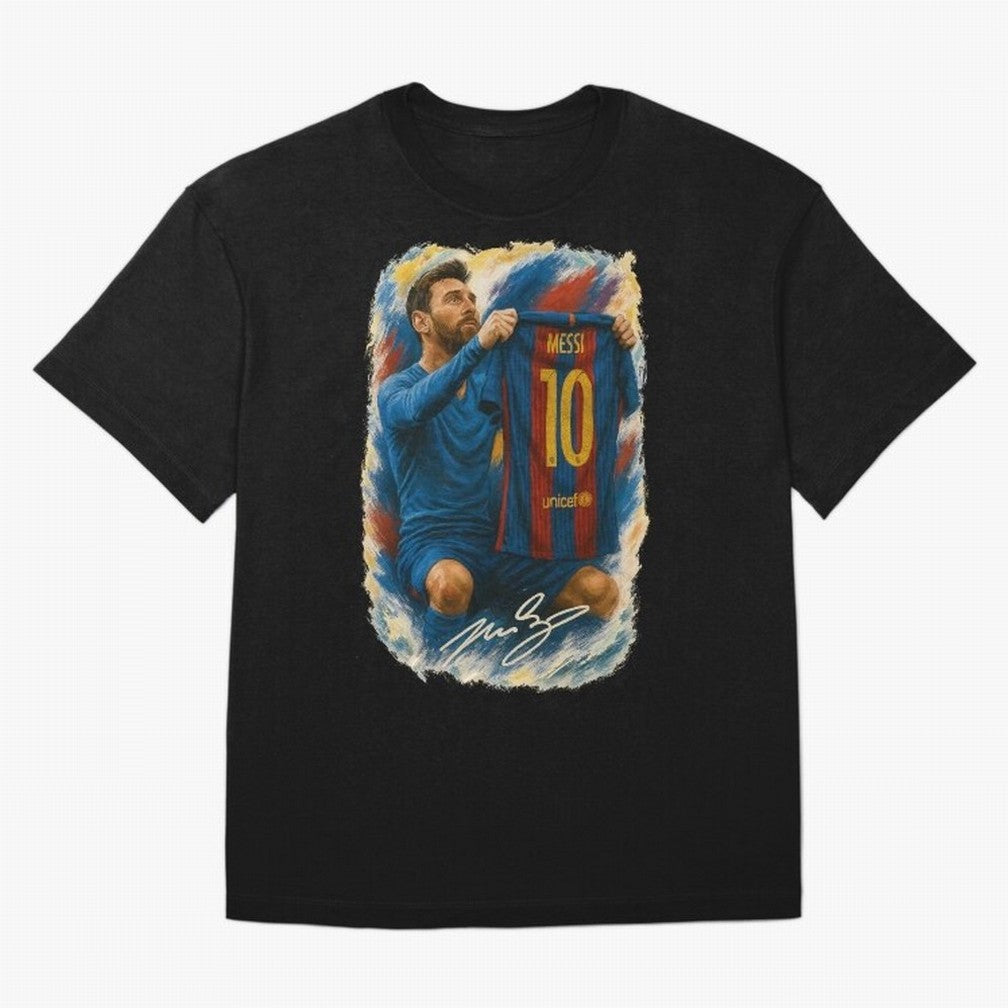 Messi Shirt Celebration Poster ¨C Iconic FC Barcelona Number 10 Artwork Oversized T-Shirt Make Game Day About FIFA World Cup 2026 with Cristiano Ronaldo, Argentina, France and Brazil Energy, Supporter Pride, Iconic Celebrations, Legendary Names and