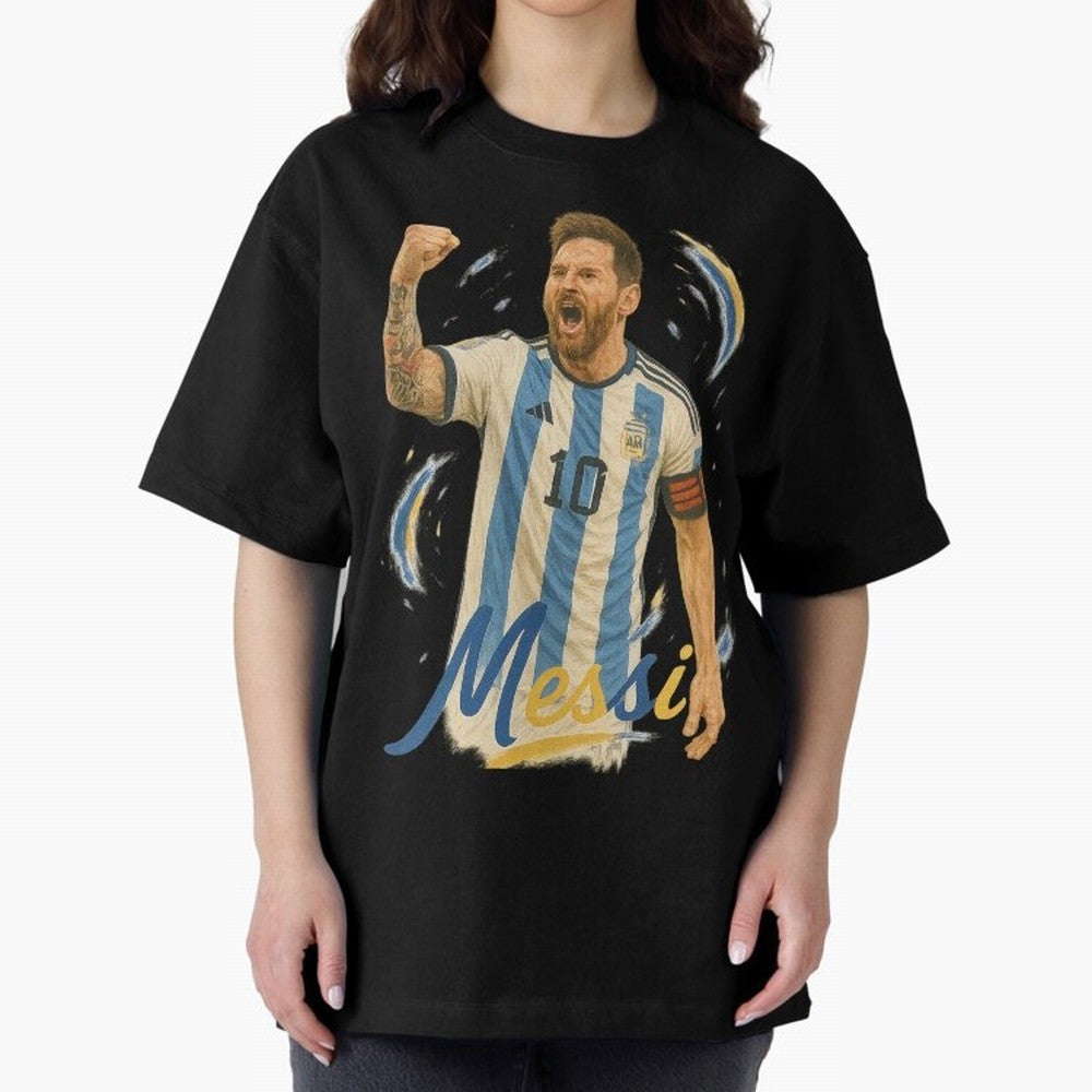 Lionel Messi Argentina Art ¨C Iconic World Cup Champion Tribute Design	 Oversized T-Shirt Make Game Day About FIFA World Cup 2026 Group Stage for Fans of Neymar, Haaland and Cristiano Ronaldo and Argentina, France and Brazil, Bringing Stadium