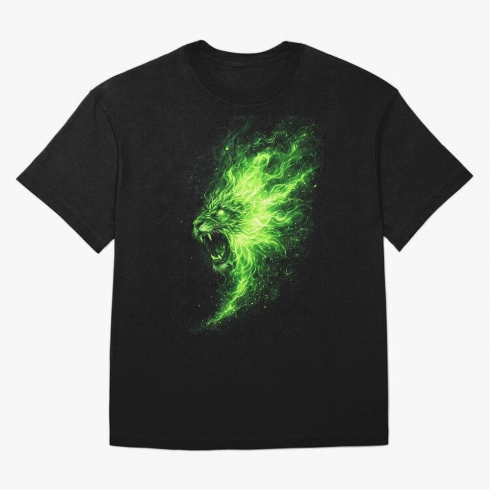 Neon Green Flame Lion ¨C Glowing Fire Roar Beast Graphic | Dark Aesthetic Streetwear Design Graphic T-Shirt Bring a Vintage Feel to FIFA World Cup 2026 Group Stage Inspired by Cristiano Ronaldo, Haaland and CR7, Germany Energy, Football History,