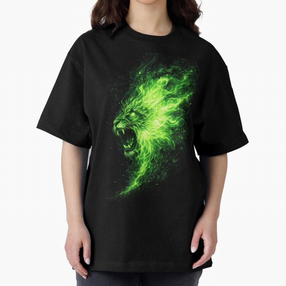 Neon Green Flame Lion ¨C Glowing Fire Roar Beast Graphic | Dark Aesthetic Streetwear Design Graphic T-Shirt Bring a Vintage Feel to FIFA World Cup 2026 Group Stage Inspired by Cristiano Ronaldo, Haaland and CR7, Germany Energy, Football History,