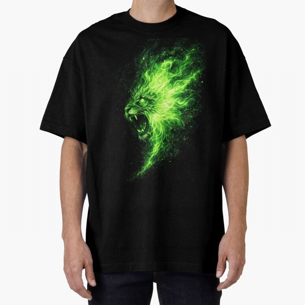 Neon Green Flame Lion ¨C Glowing Fire Roar Beast Graphic | Dark Aesthetic Streetwear Design Graphic T-Shirt Bring a Vintage Feel to FIFA World Cup 2026 Group Stage Inspired by Cristiano Ronaldo, Haaland and CR7, Germany Energy, Football History,