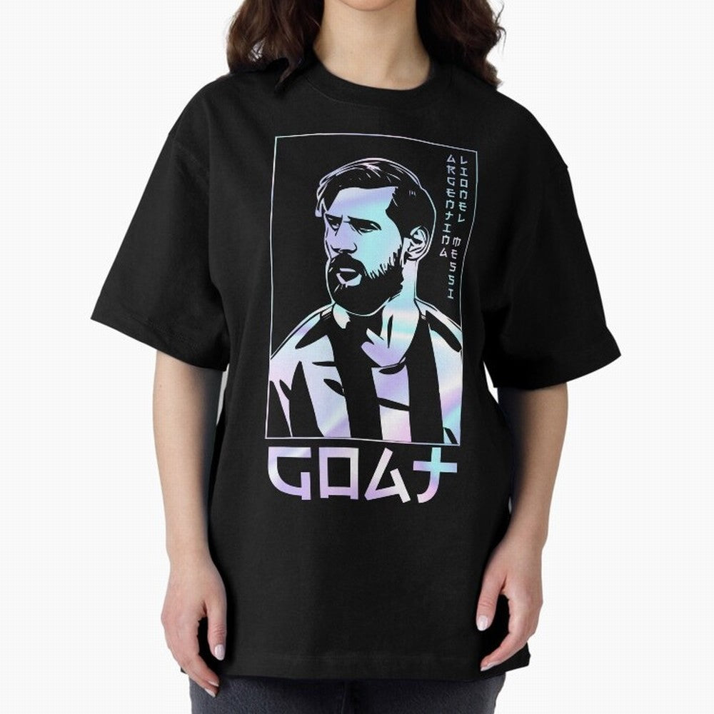 Lionel Messi Holographic Style Portrait art illustration Premium T-Shirt Celebrate Football Dreams Across FIFA World Cup 2026 USA Canada Mexico for Fans of Mbappe and Neymar and Argentina and Brazil, Bringing Football Passion, Legendary