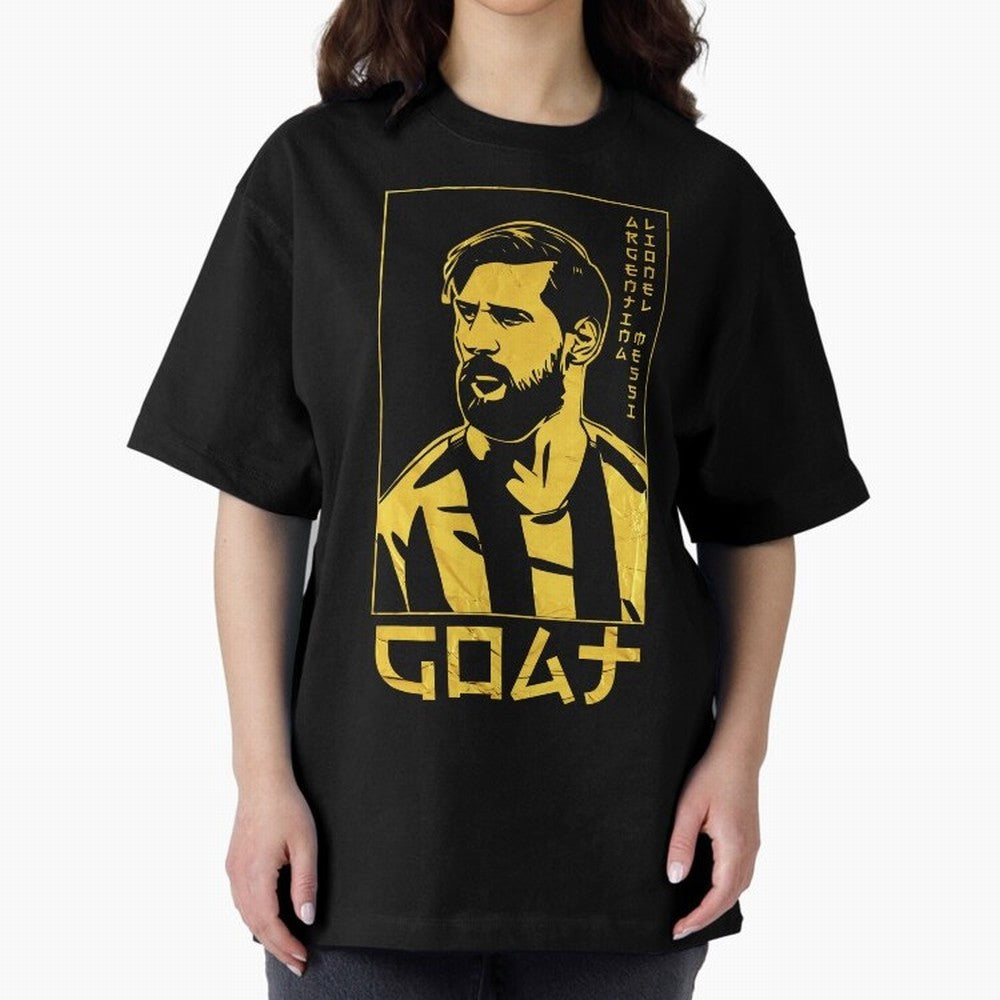 Lionel Messi Golden Style Portrait art illustration Premium T-Shirt Capture Stadium Memories from Match Day Hype around FIFA World Cup 2026 Group Stage, Neymar, Haaland and Cristiano Ronaldo, England, Vintage Soccer Flavor, Modern Football Stars,