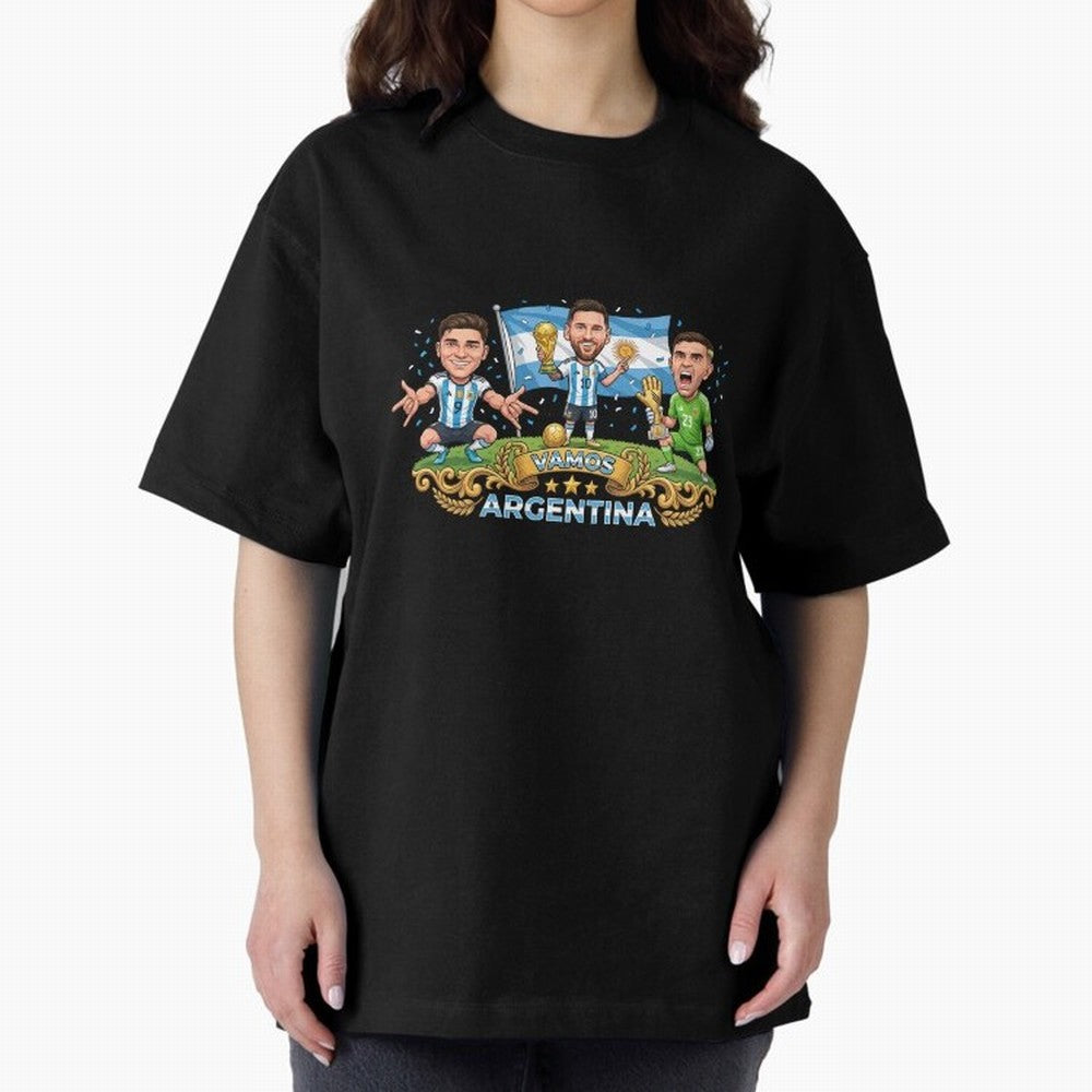 Argentina World Champions Messi Cartoon Classic T-Shirt Spotlight the FIFA World Cup 2026 USA Canada Mexico Journey through Mbappe Highlights, Argentina Pride, Game Day Rituals, Football Legends, Country Pride and the Road to the Final; Ideal for