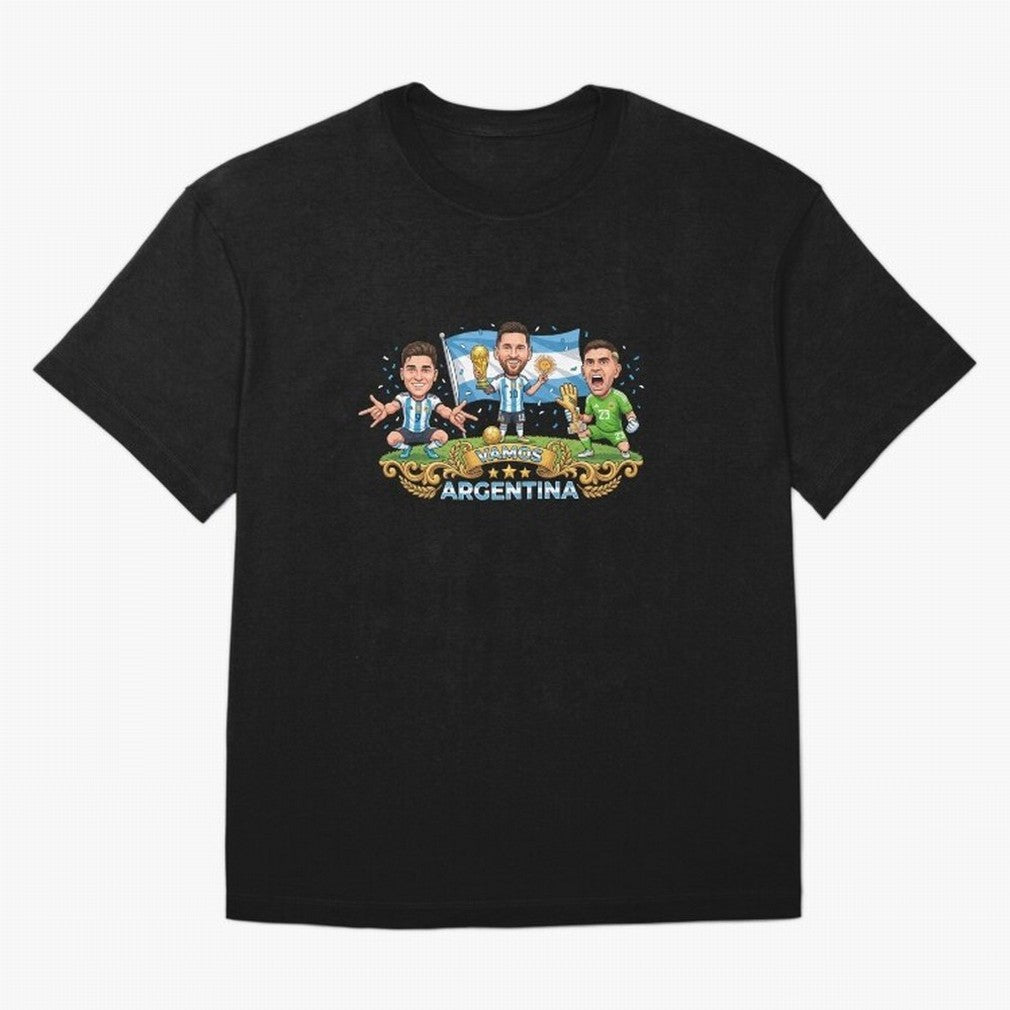 Argentina World Champions Messi Cartoon Classic T-Shirt Spotlight the FIFA World Cup 2026 USA Canada Mexico Journey through Mbappe Highlights, Argentina Pride, Game Day Rituals, Football Legends, Country Pride and the Road to the Final; Ideal for
