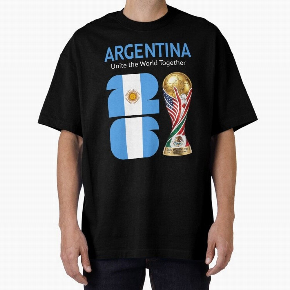 World Cup 2026, ARGENTINA Oversized T-Shirt Cheer for FIFA World Cup 2026 Spirit, Highlighting Portugal, Messi, CR7 and Mbappe, Championship Spirit, Famous Goals, Roaring Crowds and International Football Unity; Ideal for Fans Who Follow Messi,