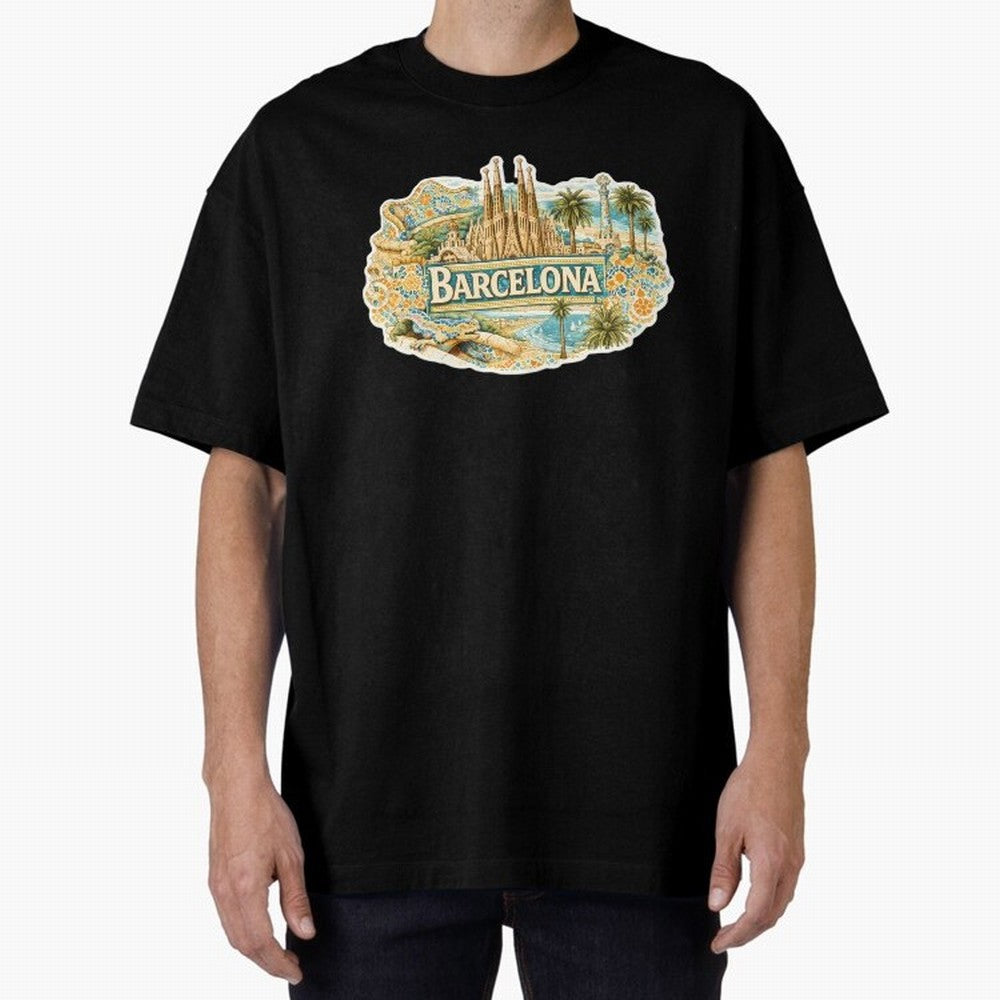 Barcelona Souvenir Sagrada Familia and Mosaic Design Oversized T-Shirt Bring a Vintage Feel to Global Football Passion for FIFA World Cup 2026 Group Stage, Driven by Neymar, Haaland and Cristiano Ronaldo, Germany, Stadium Chants, National Pride,