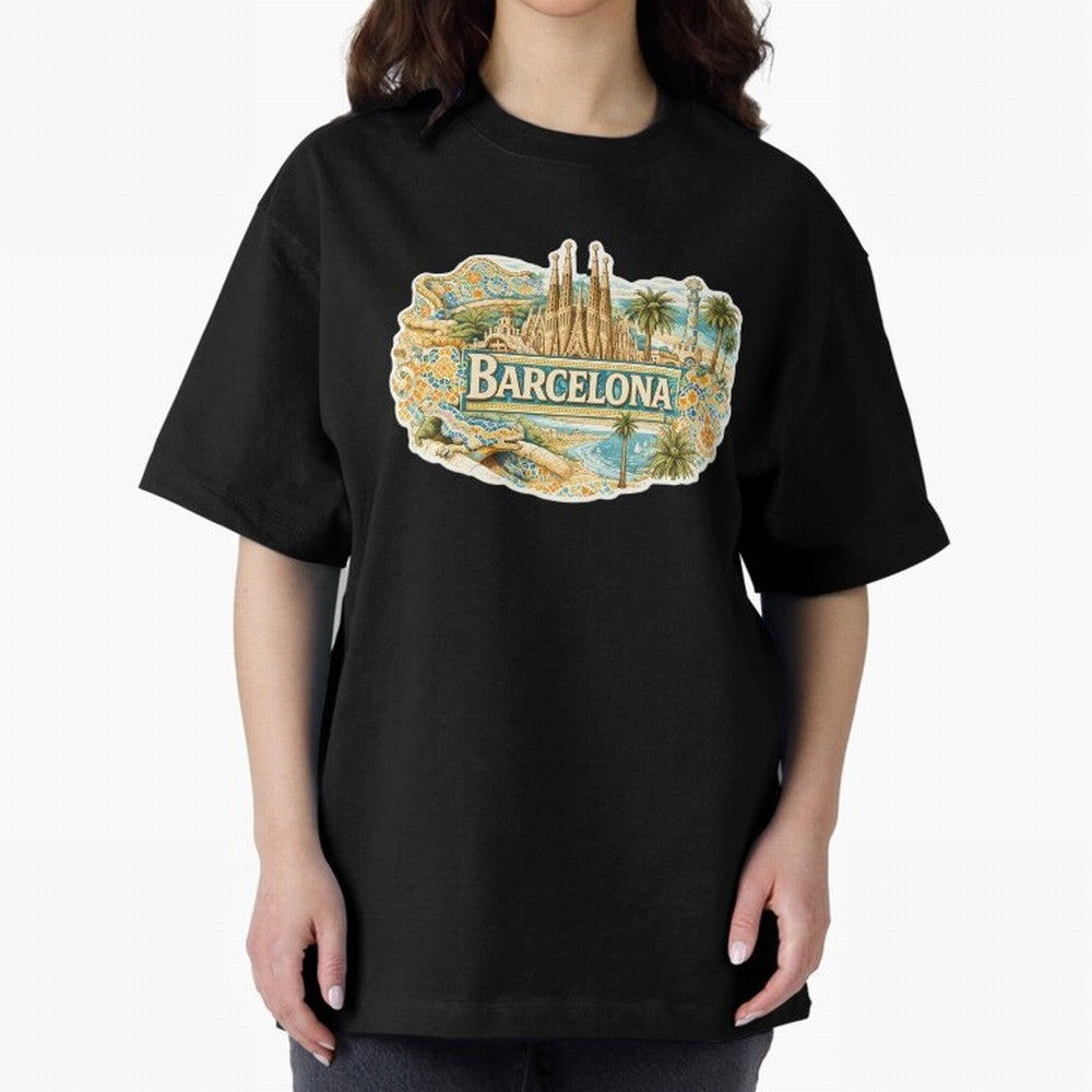 Barcelona Souvenir Sagrada Familia and Mosaic Design Oversized T-Shirt Bring a Vintage Feel to Global Football Passion for FIFA World Cup 2026 Group Stage, Driven by Neymar, Haaland and Cristiano Ronaldo, Germany, Stadium Chants, National Pride,