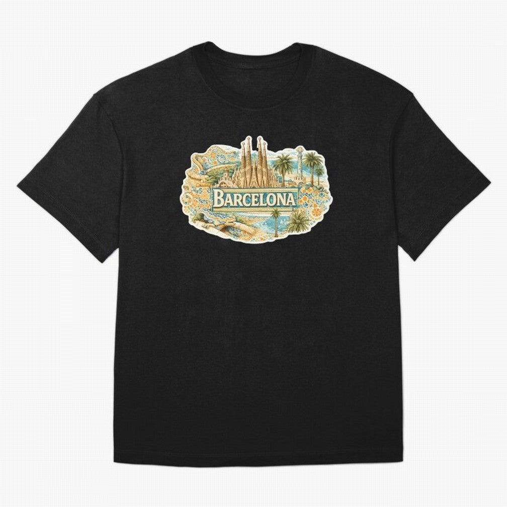 Barcelona Souvenir Sagrada Familia and Mosaic Design Oversized T-Shirt Bring a Vintage Feel to Global Football Passion for FIFA World Cup 2026 Group Stage, Driven by Neymar, Haaland and Cristiano Ronaldo, Germany, Stadium Chants, National Pride,