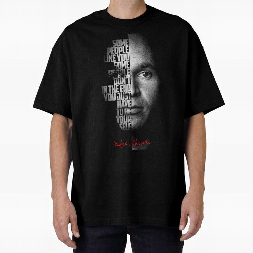 Black and white Andres Iniesta Quote. Oversized T-Shirt Represent the Passion of Match Day Hype around FIFA World Cup 2026 Group Stage, Messi, France and Portugal, Stadium Chants, National Pride, Trophy Dreams and Unforgettable Football Memories;