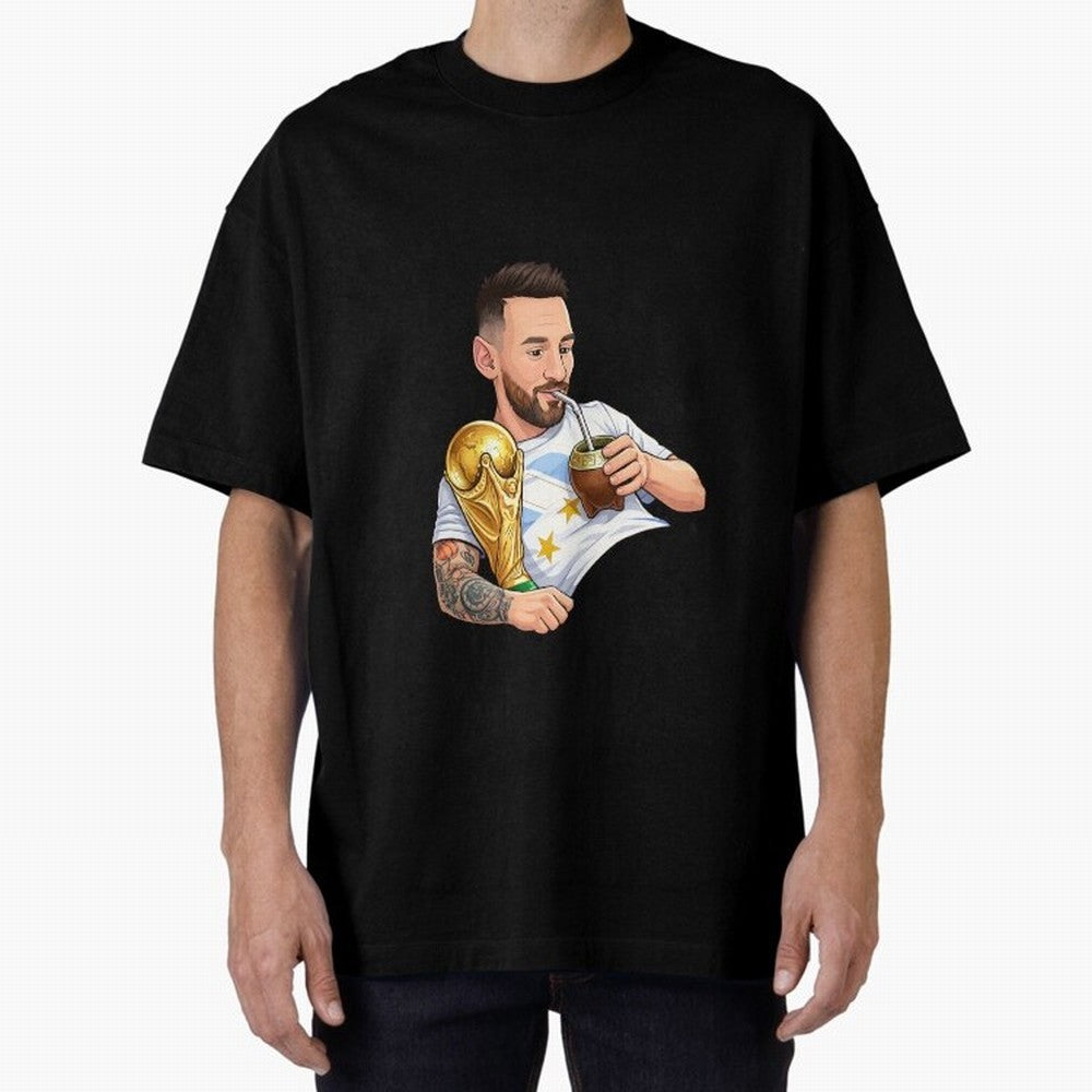 Messi drinking mate and his World Cup trophy Graphic T-Shirt Bring FIFA World Cup 2026 USA Canada Mexico for Fans of Cristiano Ronaldo, Haaland and CR7 and England, France and Netherlands, Bringing Fan Favorite Moments, National Team Passion, Big