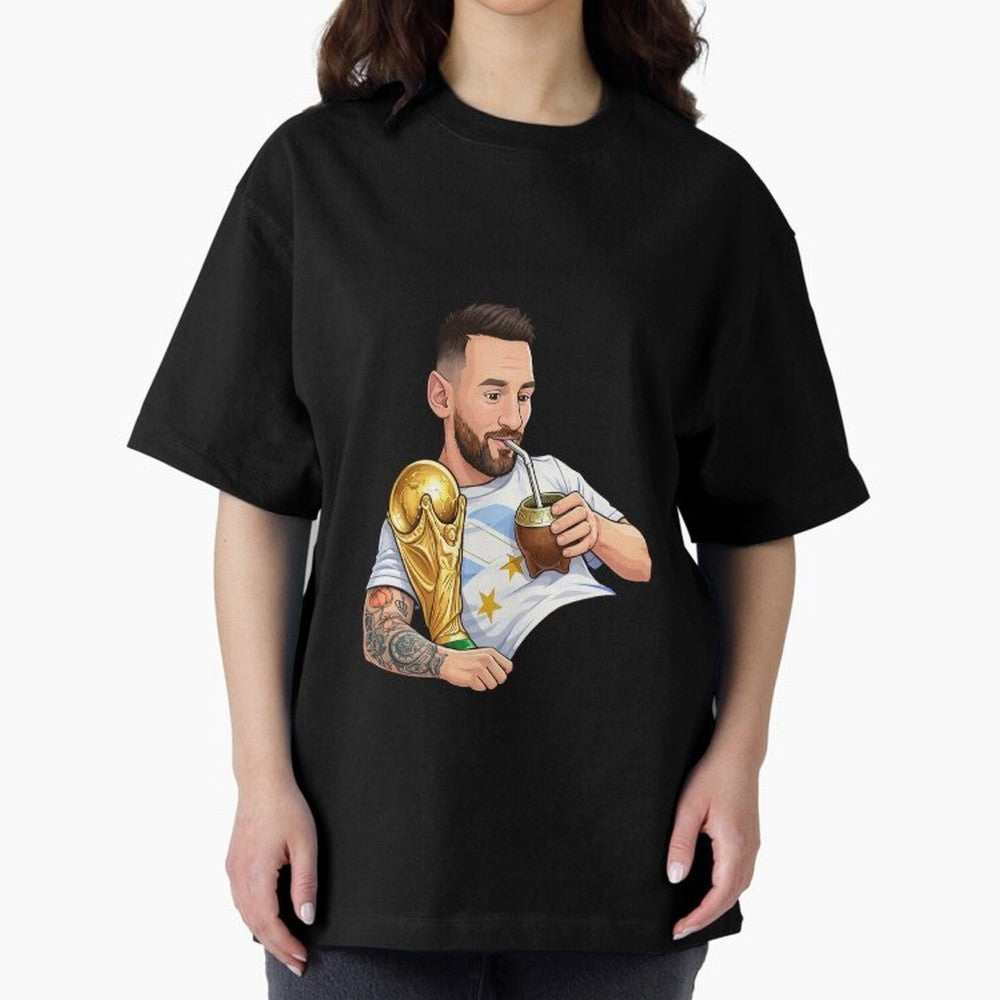 Messi drinking mate and his World Cup trophy Graphic T-Shirt Bring FIFA World Cup 2026 USA Canada Mexico for Fans of Cristiano Ronaldo, Haaland and CR7 and England, France and Netherlands, Bringing Fan Favorite Moments, National Team Passion, Big