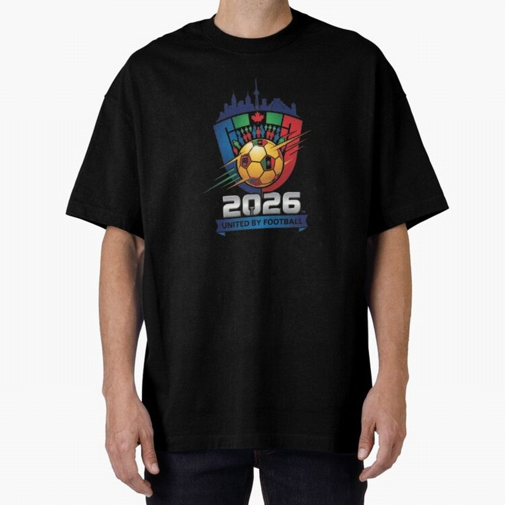 2026 World Cup United by Football Shield Emblem with Skyline Classic T-Shirt Cheer for Global Football Passion for FIFA World Cup 2026, Highlighting Messi, Neymar and Mbappe, England and Germany, Championship Spirit, Famous Goals, Roaring Crowds