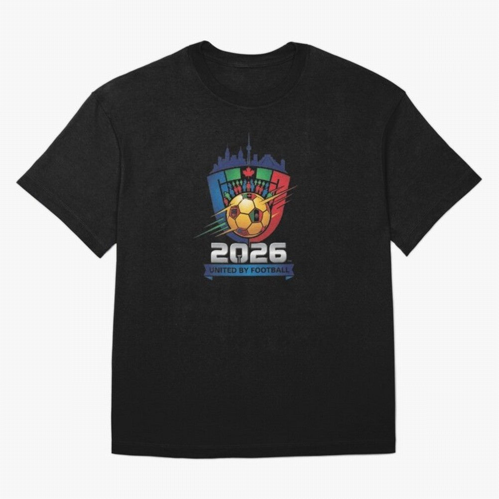 2026 World Cup United by Football Shield Emblem with Skyline Classic T-Shirt Cheer for Global Football Passion for FIFA World Cup 2026, Highlighting Messi, Neymar and Mbappe, England and Germany, Championship Spirit, Famous Goals, Roaring Crowds
