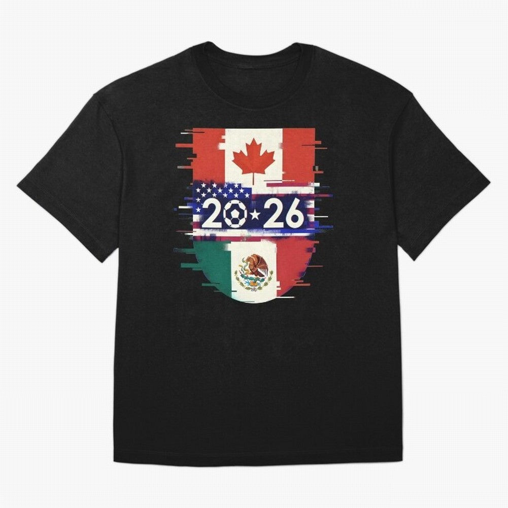 Glitched United 2026 - North America Emblem Cup Classic T-Shirt Support Iconic Players in Global Football Passion for FIFA World Cup 2026, with Mbappe and Neymar, Portugal, Spain and Germany, Game Day Rituals, Football Legends, Country Pride and