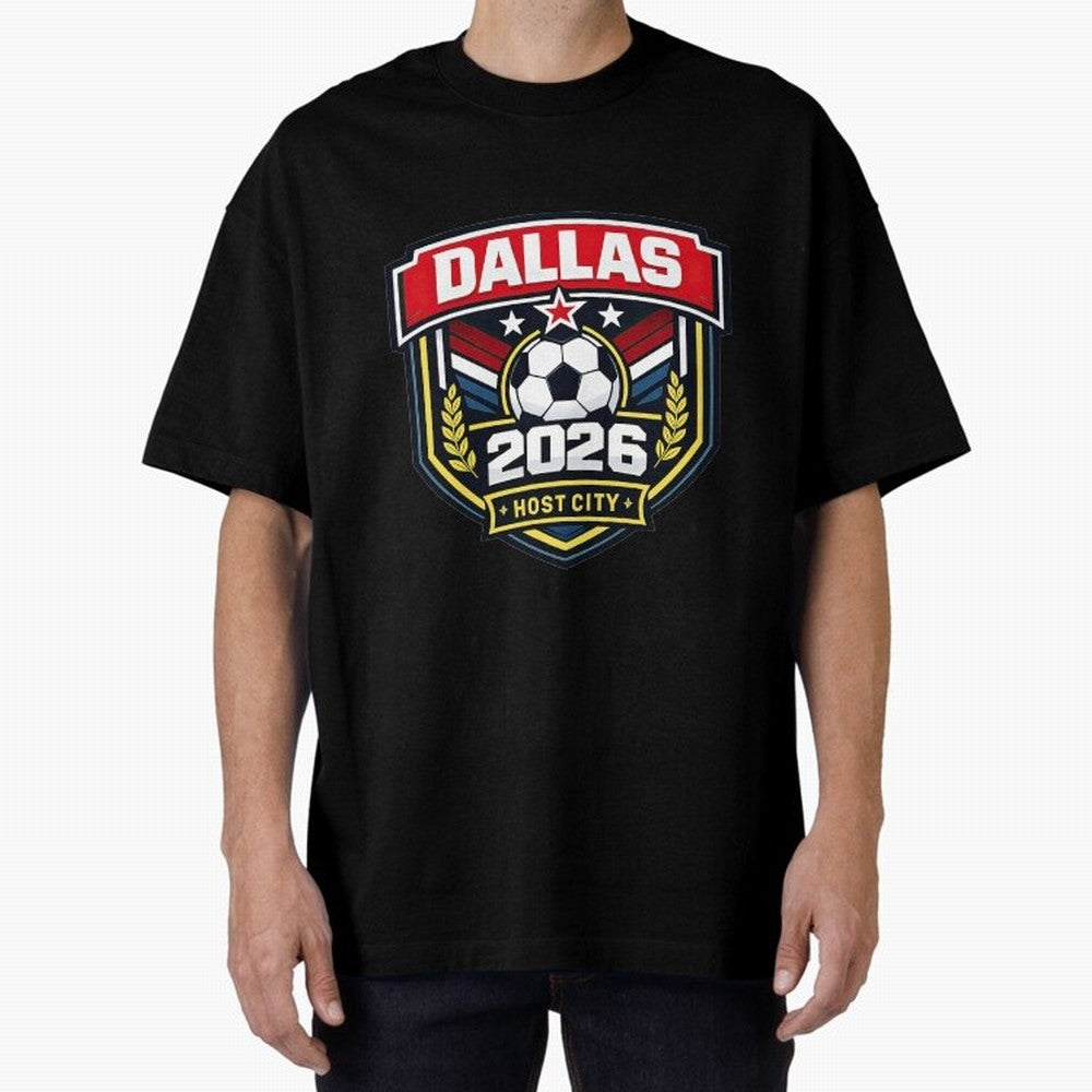 Dallas 2026 Host City Emblem with Laurel Classic T-Shirt Relive Legendary Nights from FIFA World Cup 2026 USA Canada Mexico Highlighting Messi and Cristiano Ronaldo, Argentina Energy, Vintage Soccer Flavor, Modern Football Stars, National Flags and