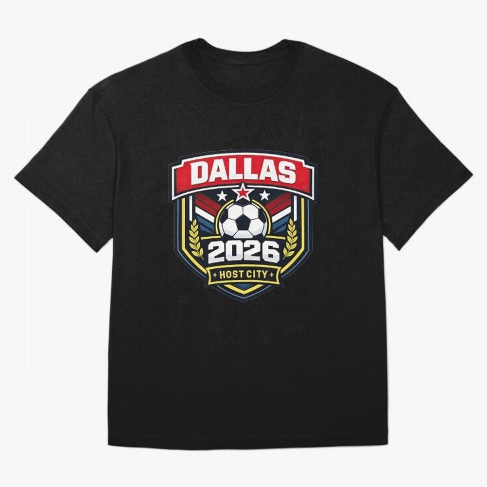 Dallas 2026 Host City Emblem with Laurel Classic T-Shirt Relive Legendary Nights from FIFA World Cup 2026 USA Canada Mexico Highlighting Messi and Cristiano Ronaldo, Argentina Energy, Vintage Soccer Flavor, Modern Football Stars, National Flags and