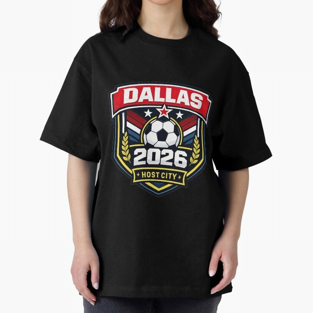 Dallas 2026 Host City Emblem with Laurel Classic T-Shirt Relive Legendary Nights from FIFA World Cup 2026 USA Canada Mexico Highlighting Messi and Cristiano Ronaldo, Argentina Energy, Vintage Soccer Flavor, Modern Football Stars, National Flags and