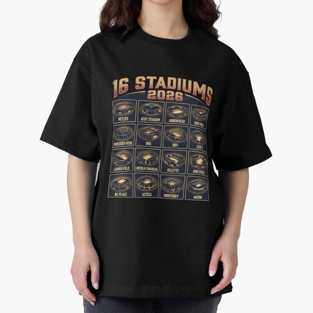 Sixteen Stadiums for 2026 World Cup Classic T-Shirt Honor the Beautiful Game during Global Football Passion for FIFA World Cup 2026, Filled with CR7 and Messi, Brazil, Portugal and Argentina, Championship Spirit, Famous Goals, Roaring Crowds and