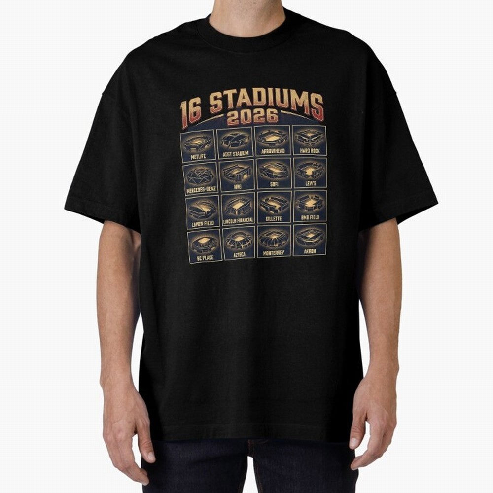 Sixteen Stadiums for 2026 World Cup Classic T-Shirt Honor the Beautiful Game during Global Football Passion for FIFA World Cup 2026, Filled with CR7 and Messi, Brazil, Portugal and Argentina, Championship Spirit, Famous Goals, Roaring Crowds and