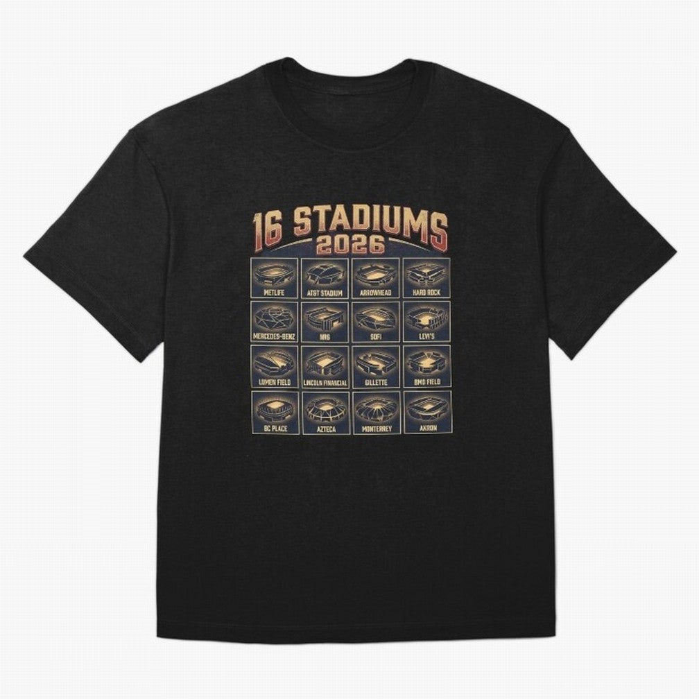 Sixteen Stadiums for 2026 World Cup Classic T-Shirt Honor the Beautiful Game during Global Football Passion for FIFA World Cup 2026, Filled with CR7 and Messi, Brazil, Portugal and Argentina, Championship Spirit, Famous Goals, Roaring Crowds and