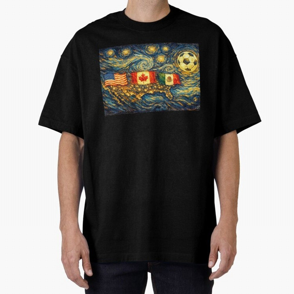 North America Soccer Starry Night Dreamy and Swirls Inspired from Van Gogh Classic T-Shirt Stand with FIFA World Cup 2026 USA Canada Mexico Driven by Mbappe, England and Germany Energy, Worldwide Fan Energy, Dramatic Goals, Stadium Lights and