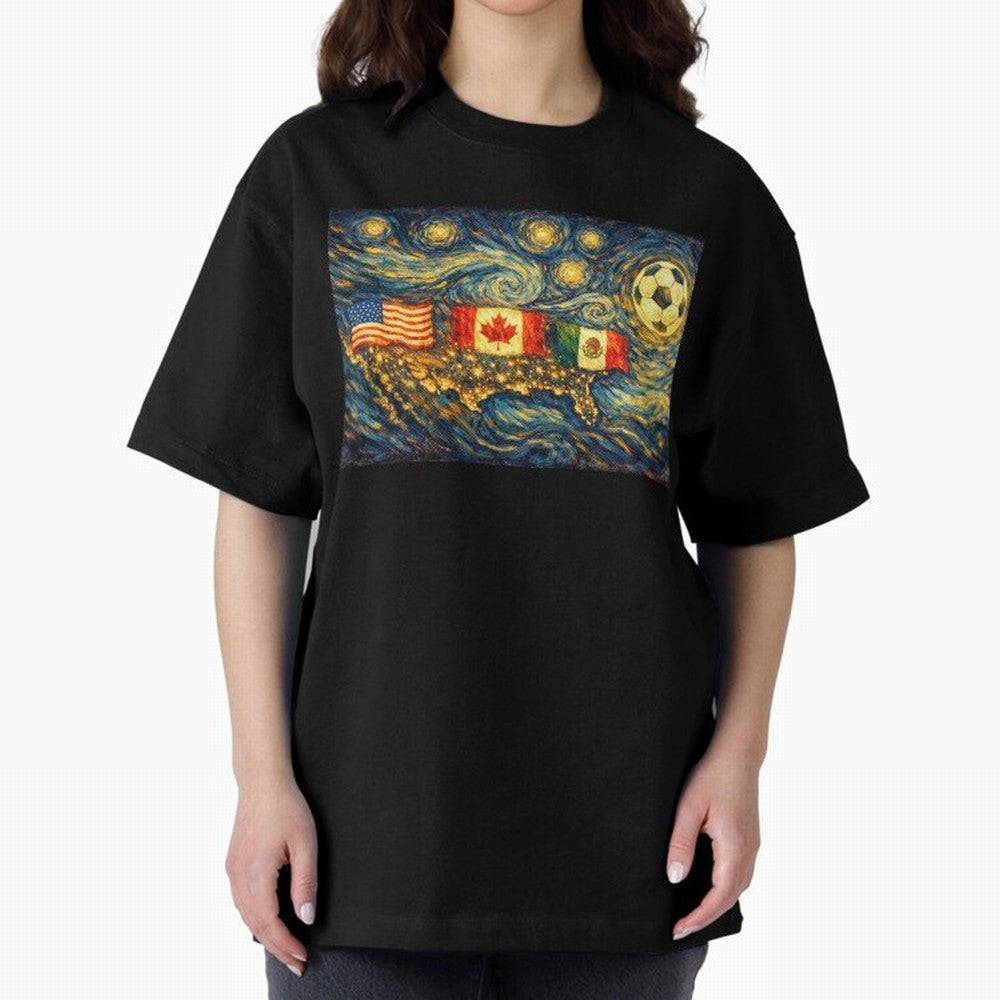 North America Soccer Starry Night Dreamy and Swirls Inspired from Van Gogh Classic T-Shirt Stand with FIFA World Cup 2026 USA Canada Mexico Driven by Mbappe, England and Germany Energy, Worldwide Fan Energy, Dramatic Goals, Stadium Lights and