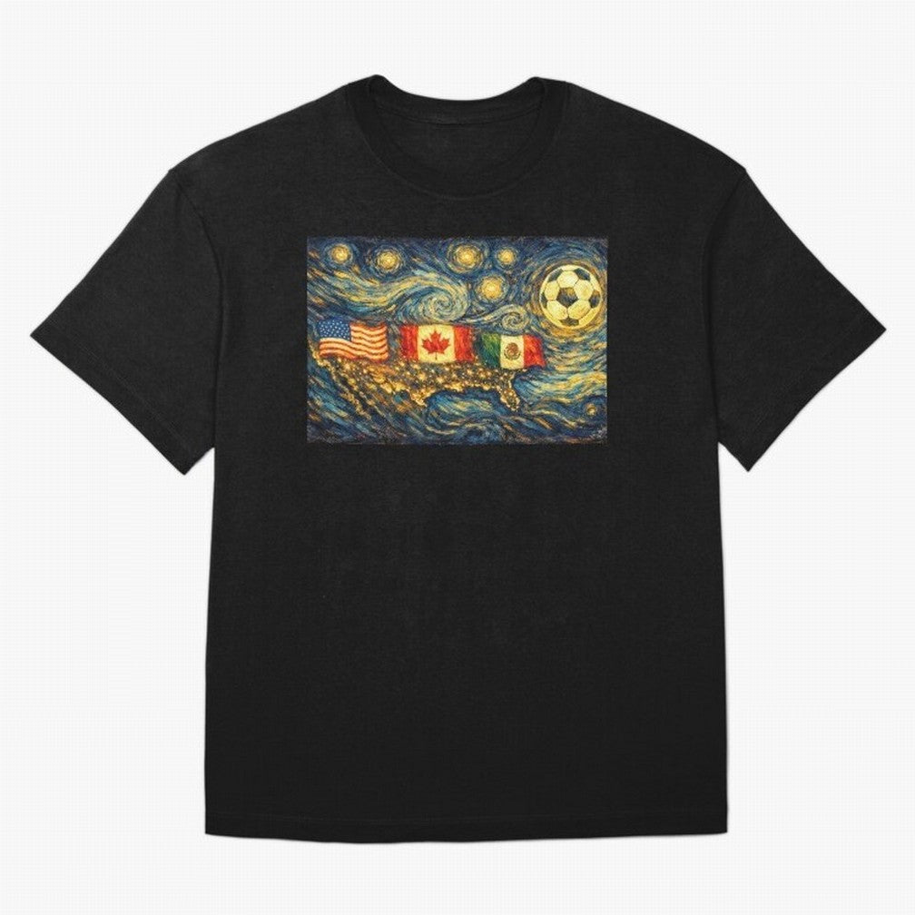 North America Soccer Starry Night Dreamy and Swirls Inspired from Van Gogh Classic T-Shirt Stand with FIFA World Cup 2026 USA Canada Mexico Driven by Mbappe, England and Germany Energy, Worldwide Fan Energy, Dramatic Goals, Stadium Lights and