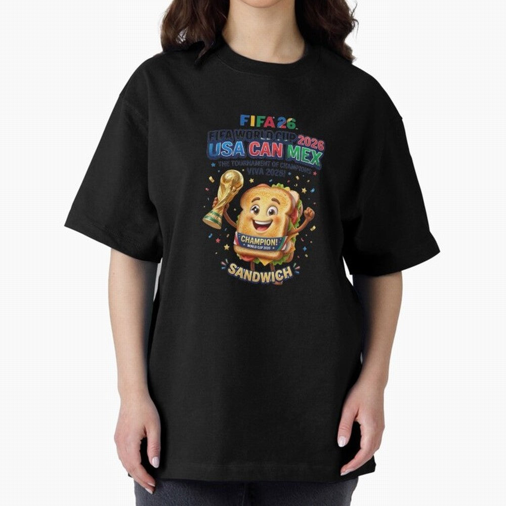 Cartoon Sandwich Champion Holding 2026 World Cup Trophy Classic T-Shirt Represent FIFA World Cup 2026 Group Stage Spirit, Highlighting Brazil, Messi and Cristiano Ronaldo, Supporter Pride, Iconic Celebrations, Legendary Names and Global Match Day