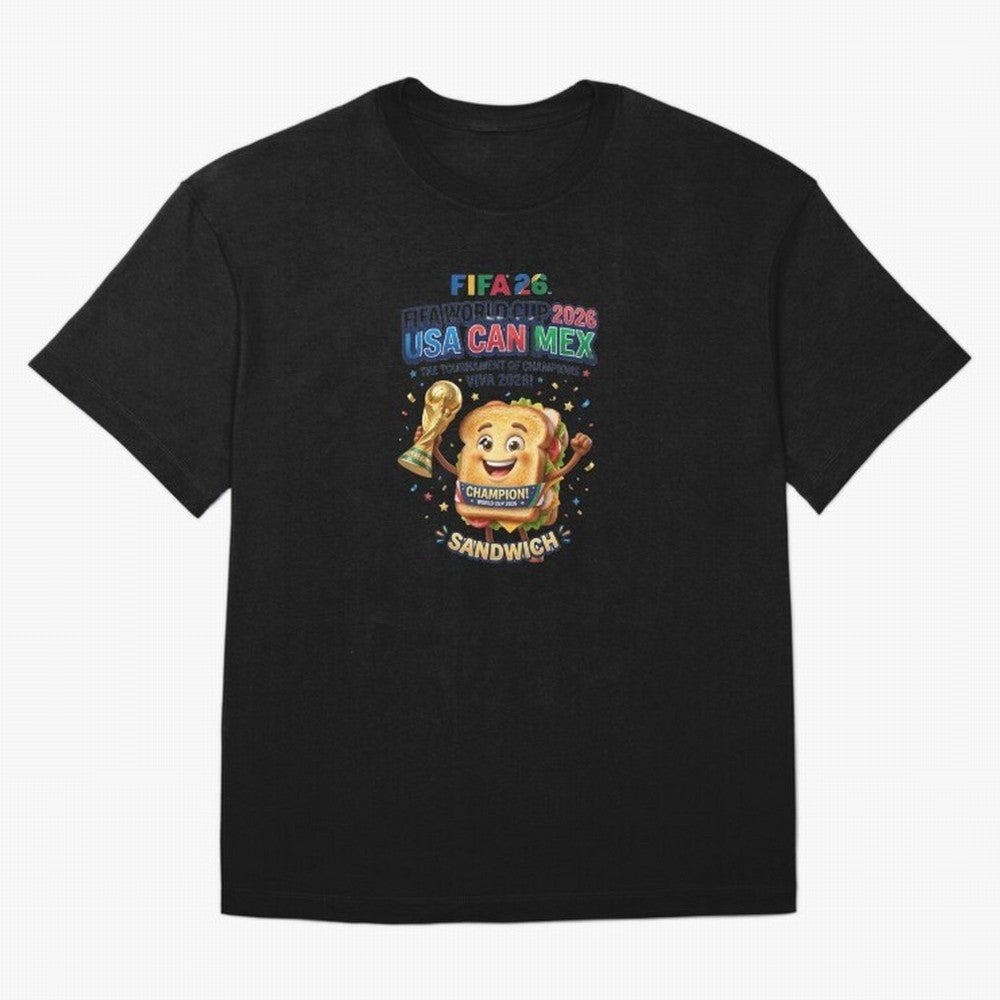 Cartoon Sandwich Champion Holding 2026 World Cup Trophy Classic T-Shirt Represent FIFA World Cup 2026 Group Stage Spirit, Highlighting Brazil, Messi and Cristiano Ronaldo, Supporter Pride, Iconic Celebrations, Legendary Names and Global Match Day