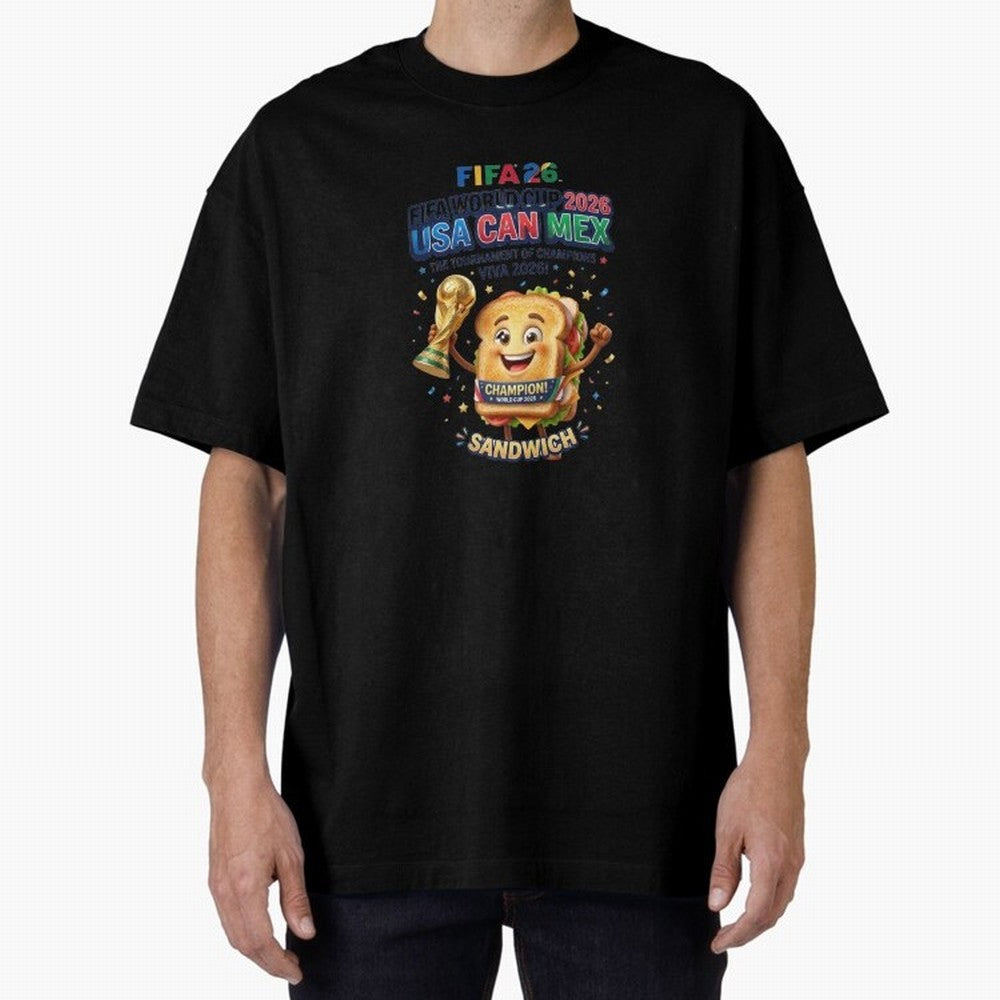 Cartoon Sandwich Champion Holding 2026 World Cup Trophy Classic T-Shirt Represent FIFA World Cup 2026 Group Stage Spirit, Highlighting Brazil, Messi and Cristiano Ronaldo, Supporter Pride, Iconic Celebrations, Legendary Names and Global Match Day