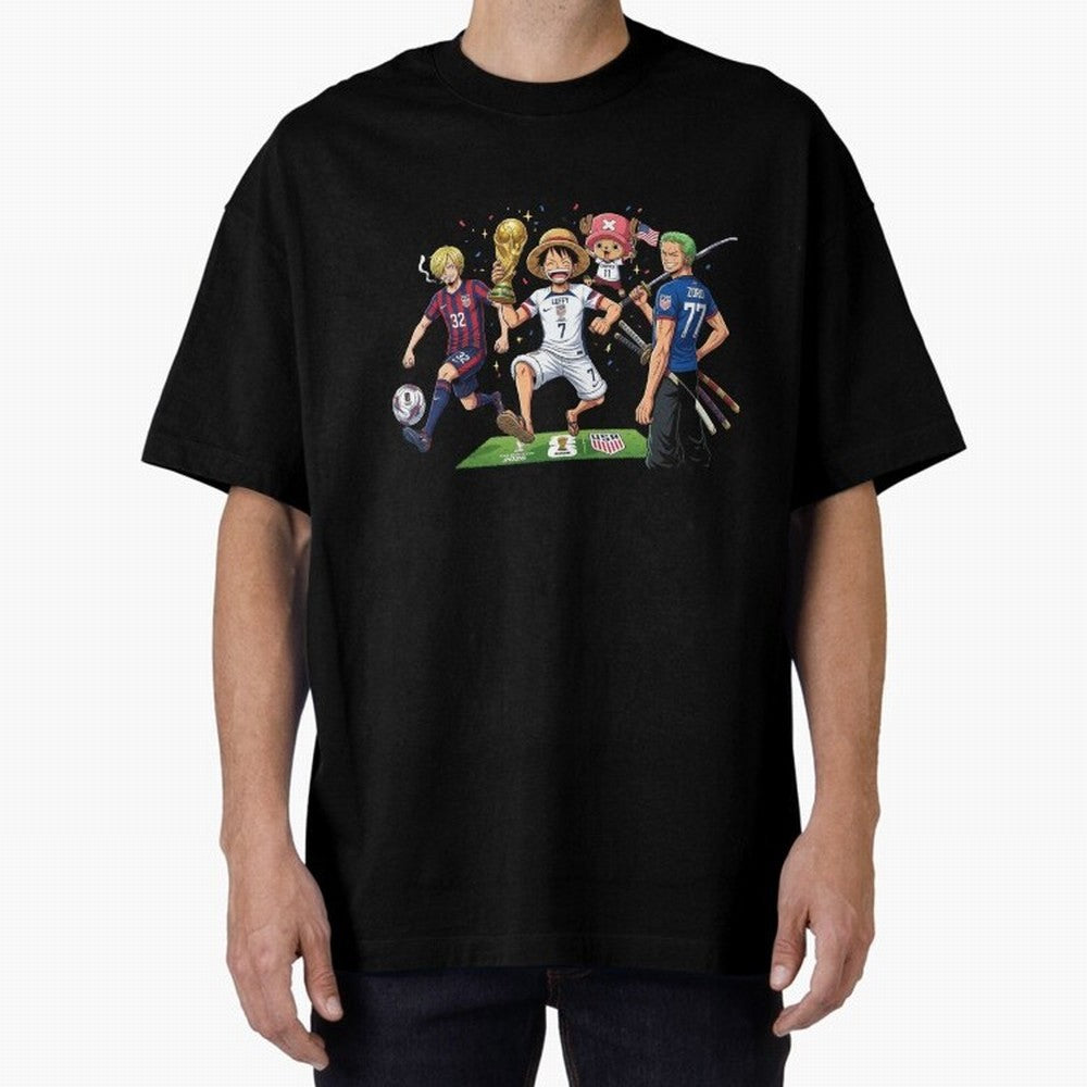 One Piece Characters Celebrating World Cup 2026 USA Classic T-Shirt Carry the Dream of FIFA World Cup 2026 USA Canada Mexico Celebrating Neymar, Brazil, Portugal and Argentina Energy, Worldwide Fan Energy, Dramatic Goals, Stadium Lights and