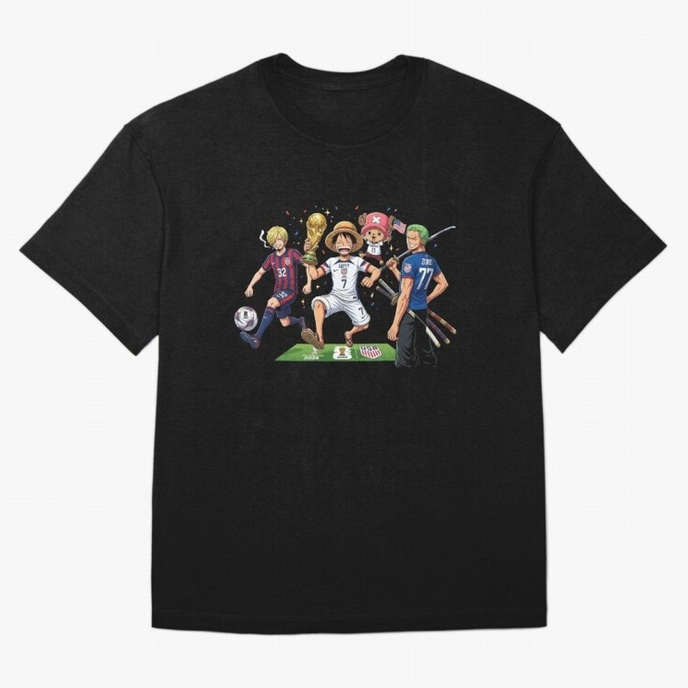 One Piece Characters Celebrating World Cup 2026 USA Classic T-Shirt Carry the Dream of FIFA World Cup 2026 USA Canada Mexico Celebrating Neymar, Brazil, Portugal and Argentina Energy, Worldwide Fan Energy, Dramatic Goals, Stadium Lights and