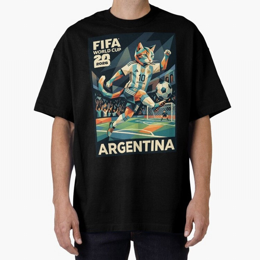 Argentina Cat World Cup 2026 ¨C Geometric Football Art Classic T-Shirt Celebrate Fan Culture around FIFA World Cup 2026 USA Canada Mexico Spirit, Celebrating Argentina, France and Brazil, Messi, CR7 and Mbappe, Classic Soccer Heritage, Championship