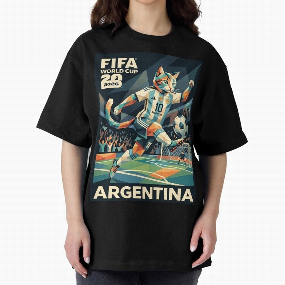 Argentina Cat World Cup 2026 ¨C Geometric Football Art Classic T-Shirt Celebrate Fan Culture around FIFA World Cup 2026 USA Canada Mexico Spirit, Celebrating Argentina, France and Brazil, Messi, CR7 and Mbappe, Classic Soccer Heritage, Championship